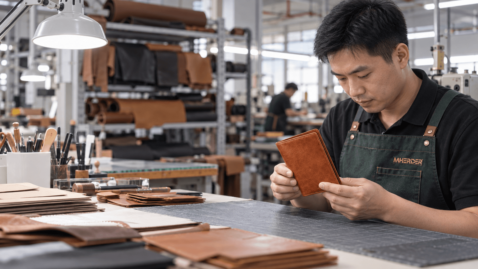 Chinese MHERDER craftsperson inspecting a leather passport holder in the factory