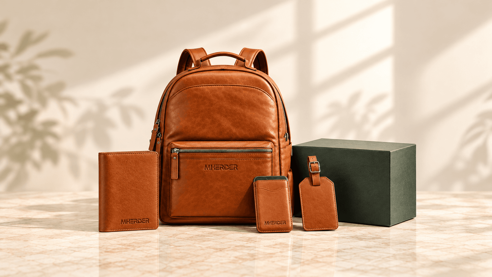 MHERDER branded leather backpack, passport holder, phone wallet and luggage tag